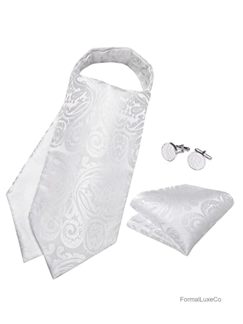 Silk Ascot Tie Set with Pocket Square, Cufflinks & Tie Ring for Men - Wedding